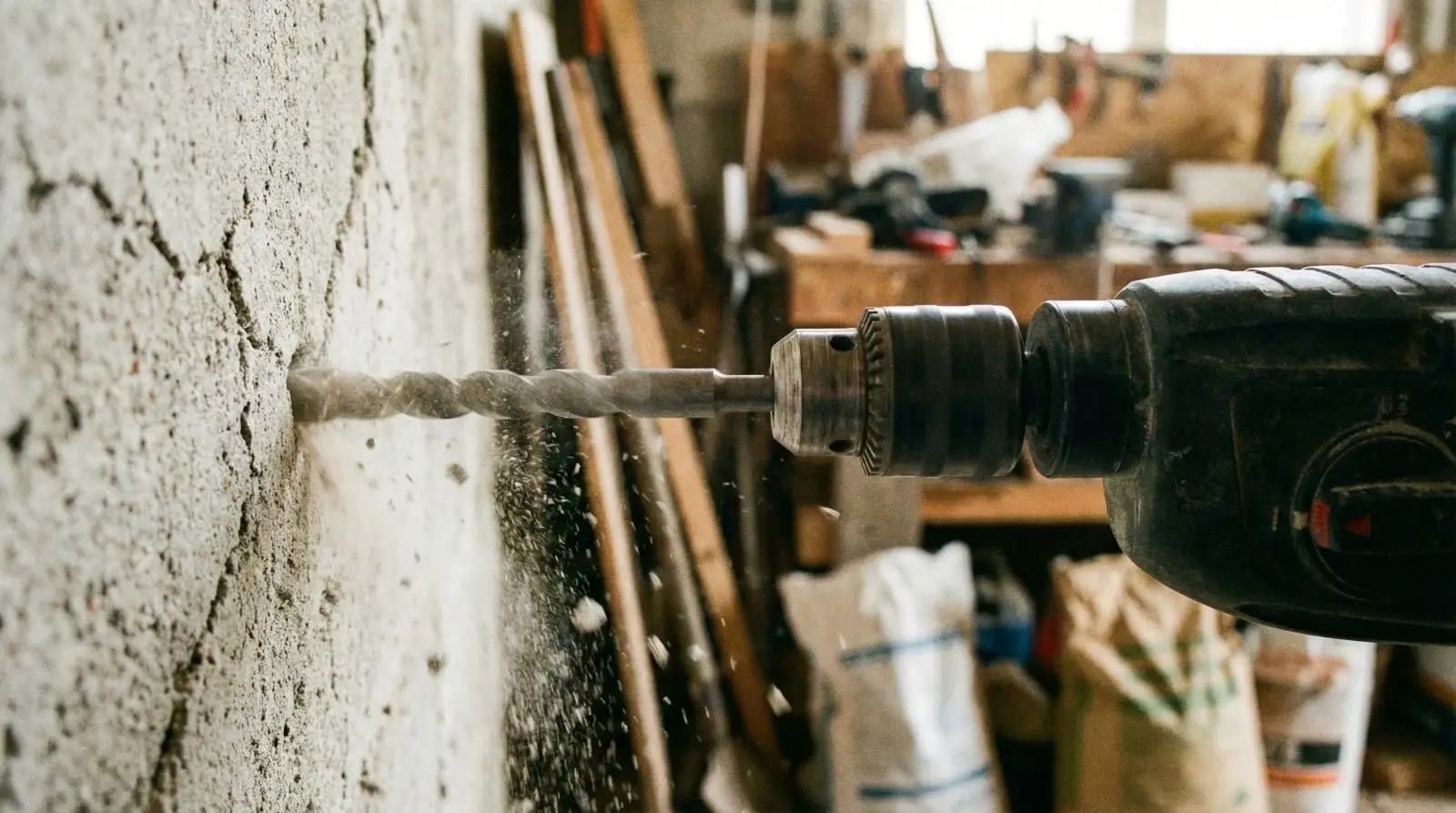 Bohrmaschine bohrt in eine massive Wand
