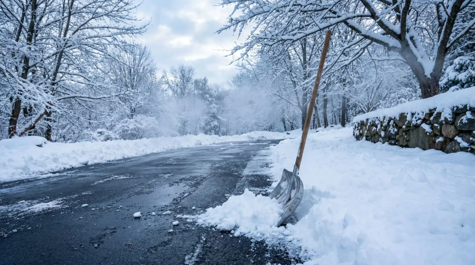 Schneeschaufel liegt auf einem halb geräumten, verschneiten Weg im Winter