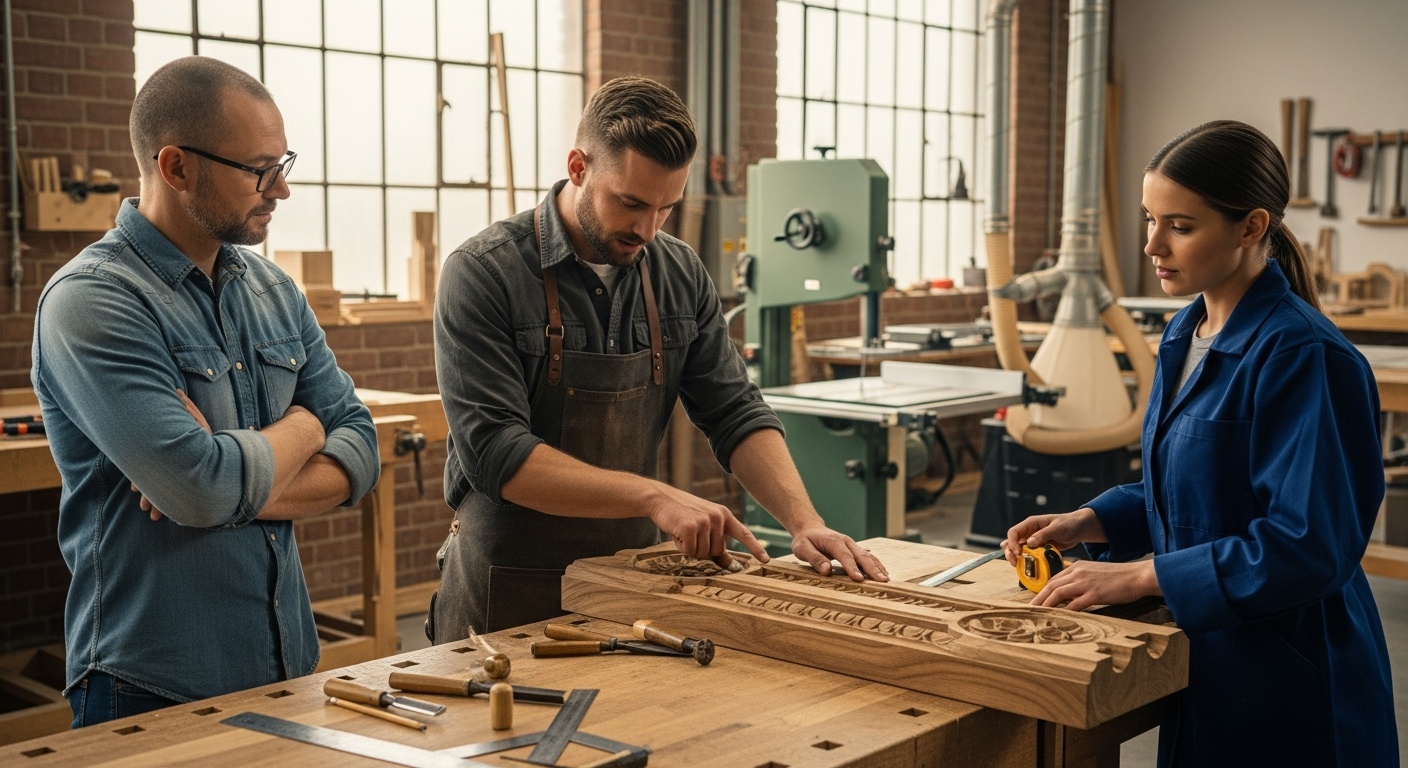 Drei Personen besprechen ein Holzprojekt in einer modernen Werkstatt