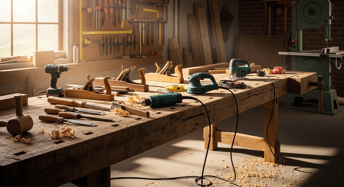 Gut ausgestattete Holzwerkstatt mit verschiedenen Bohr- und Elektrowerkzeugen